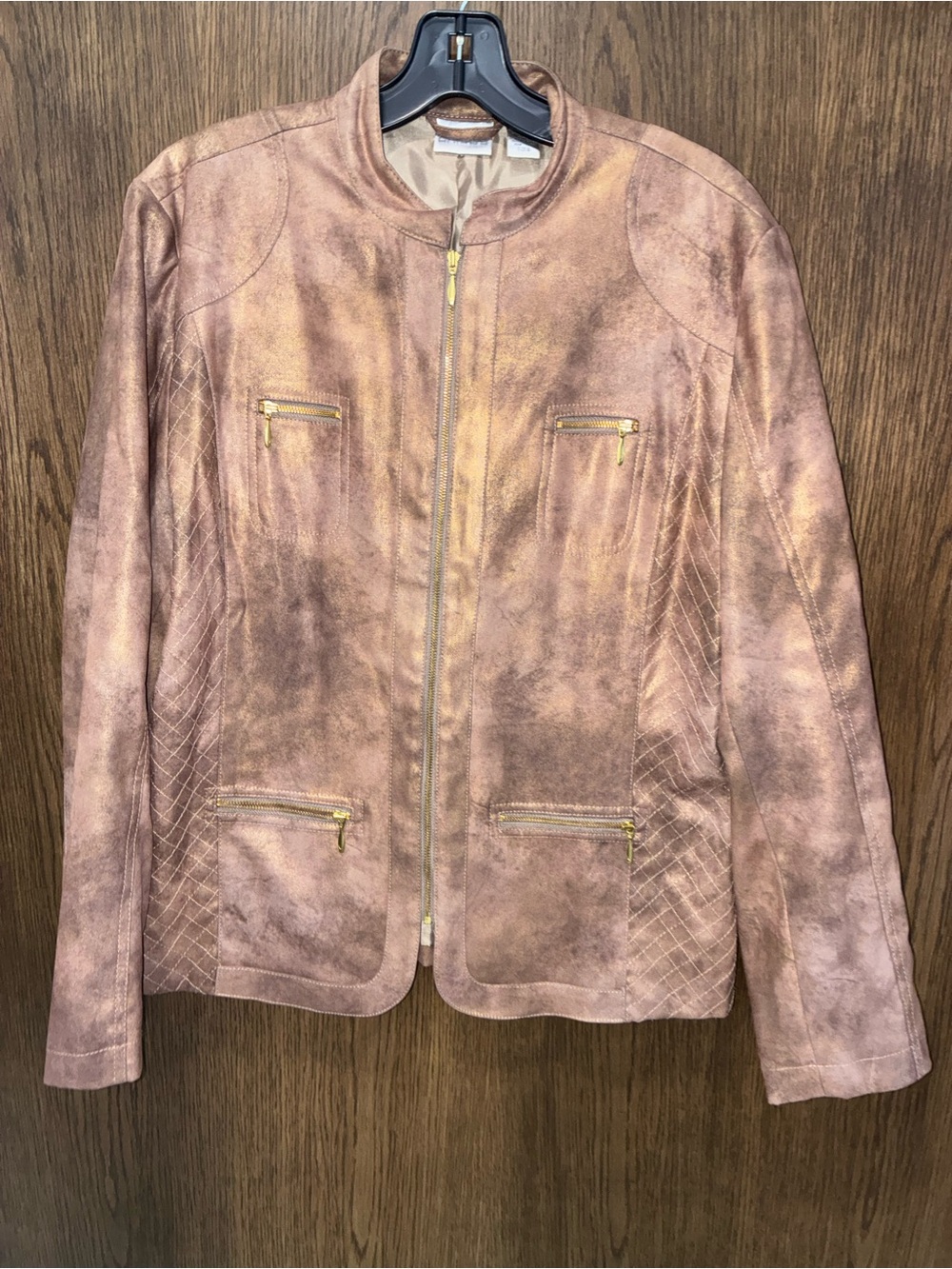 Chico’s Women’s Size 2 L Metallic Bronze Faux Suede Jacket Quilted Zip Pocket